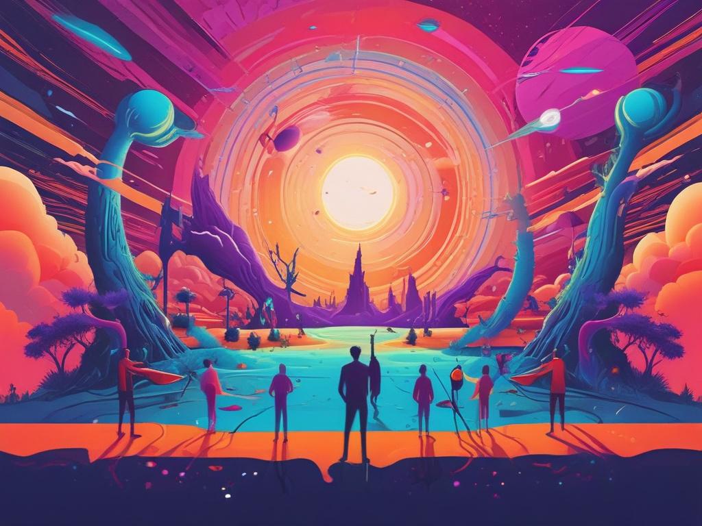 engaging community gathering in a digital space, vibrant colors, abstract